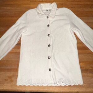 C & E Women Medium Cream White Fleece Long Sleeve Collar Button-Up Cardigan
